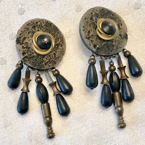 Artistic black & gold toned clip on drop earrings